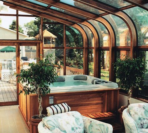 Hot Tub Sunroom, 4 Season Sunroom Ideas, Hot Tub Ideas, Spa Room Ideas, Tub Room, Outdoor Sunroom, Jacuzzi Room, Indoor Jacuzzi, Indoor Hot Tub