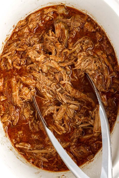 Sweet barbacoa pork cooked in a crockpot is melt-in-your-mouth tender, made with a homemade sauce, and is an easier weeknight dinner that can be served a ton of different ways. Pork Barbacoa Crock Pot, Sweet Pork Barbacoa, Barbacoa Pork, Pork Barbacoa, Barbacoa Crock Pot, Pork Roast Crock Pot Recipes, Crockpot Pork Roast, Pot Roast Crock Pot Recipes, Pork Shoulder Recipes