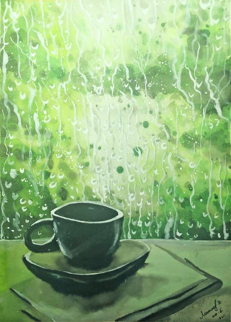 How to draw watercolor coffee and rain outside the window step by step tutorial easy Rainy Window Watercolor Painting, Raining Window Drawing, How To Paint Rain Watercolor, Rain Window Illustration, Rainy Day Watercolor Painting Easy, Rain Drawing Sketches Rainy Days, Rainy Watercolor Painting, Rain On Window Drawing, Rainy Day Illustration Art