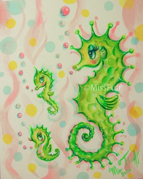 Miss Fluff Seahorse Artwork, Seahorse Painting, Seahorse Decor, Vintage Inspired Bathroom, Person Art, Miss Fluff, Cute Painting, Seahorse Art, Colored Bubbles