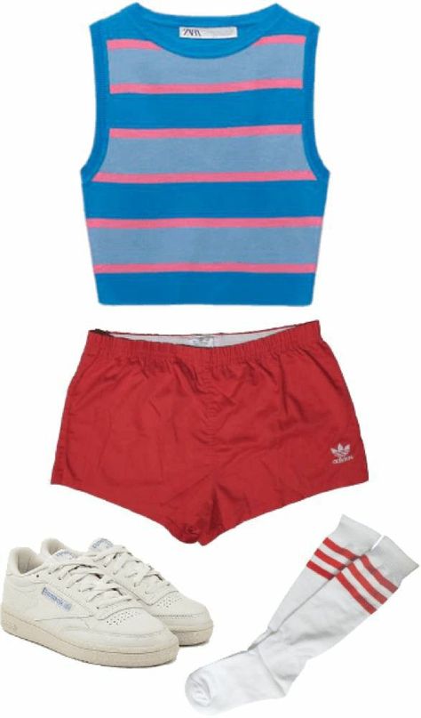 80s Outfits With Shorts, 80s Outfits Shorts, Red 80s Outfit, 80s Summer Camp Outfits, 80s Sporty Outfits, 80s Summer Outfits Vintage, 80s Shorts Outfits, 80s Outfits Summer, Stranger Things Outfit Ideas 80s