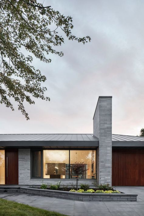 Prairie House by Naturehumaine Brick Apartments, Modern Prairie Home, Montreal Architecture, Zinc Roof, Prairie House, Prairie Home, Grey Exterior, Storey Homes, Minimalist Architecture