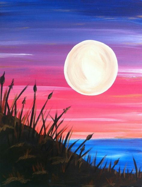 This colorful sunset over the water is a serene and peaceful scene that compliments any room in the home! Seni Pastel, Watercolor Paintings For Beginners, Easy Canvas Painting, Watercolor Paintings Easy, Acrylic Painting For Beginners, Simple Acrylic Paintings, Lukisan Cat Air, Night Painting, Easy Watercolor