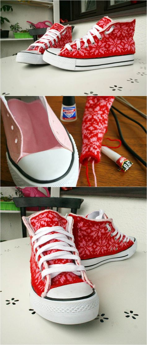 How To Cover Shoes With Fabric, Crochet Elf Shoe Cover, Crocheted Converse Shoes, Knit Converse Slippers Free Pattern, Eclectic Crafts, Crochet Doll Tennis Shoes, Shoe Makeover, Pinterest Diy, Old Shoes