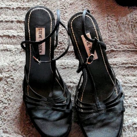 Super Cute Strappy Heels. Lovingly Worn, Not Brand New But Still In Great Shape. Very Sexy 90s Strappy Heels, Black Vintage Heels, Going Out Shoes, Homecoming Shoes, Formal Clothes, Black Attire, Shoes Steve Madden, Cozy Jacket, Prom Heels