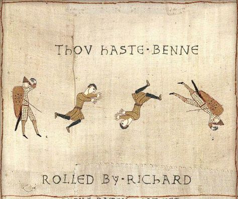 Bardcore Medieval, Bayeaux Tapestry, Funny Medieval, Medieval Memes, Start Trek, Funny Art History, Classical Art Memes, Bayeux Tapestry, Medieval Tapestry