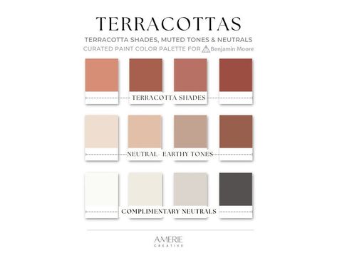 This Terra Cotta & rust orange Benjamin Moore paint palette is a carefully curated collection of shades of terra-cotta, rusty and complimentary earthy tones. Including neutrals like white, off-white, warm gray beige / greige, charcoal and grey green sage. Add a depth, richness, and a welcoming warmth to a classic, transitional, boho, natural/organic, contemporary, or modern space. Harmonious, interchangeable colors with smaller combinations to choose from for quick, easy, and stress-free selecti Color Palette Benjamin Moore, Terracotta Color Palette, Paint House, Red Sage, Rust Paint, Color Design Inspiration, Terracotta Color, Paint Colors Benjamin Moore, Benjamin Moore Colors