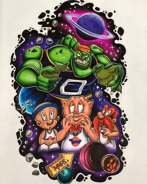 Finished off another space jam piece iv been working on, looking forward to adding this to my leg sleeve. 😁 #tattoos #tattoodesign #tattooartist #tattooapprentice #spacejam #looneytunes #newschooltattoo #newschool_nation #prismacolor #prismacolormarkers #prismacolorpencils #copicmarkers Jam Drawing, Jam Tattoo, Space Jam Theme, Leg Sleeve Tattoos, Looney Tunes Space Jam, Draw Hair, Hypebeast Wallpaper, Looney Tunes Cartoons, Gaming Tattoo