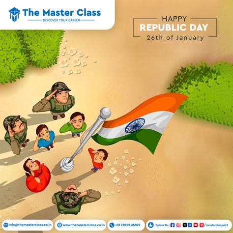 Happy 75th Republic Day 2024! 🇮🇳 Let's unite in the spirit of patriotism and pledge to protect and uphold the values that make our nation proud. May this Republic Day inspire us to contribute to the progress and prosperity of our great country. Jai Hind! 🌟 🎉 #TheMasterClass #TheMasterClassteam #letsconnect #republicday2024 #26thjanuary #india #republicdayindia #happyrepublicday2024 #indian #proud #indianarmy #republicdayparade #republicdaycelebration Republic Day India, Jai Hind, Indian Army, Republic Day, Master Class, Discover Yourself, India, Let It Be