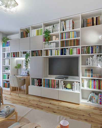 Home Library Rooms, Built In Shelves Living Room, Living Room Wall Units, Living Room Built Ins, Bookshelves In Living Room, Home Library Design, Bookshelf Design, Living Room Shelves, 아파트 인테리어