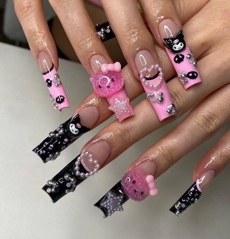 #junkienails #hellokitty #acrylic #charms #pinkandblack #sanrio #sanrionails #kuromi Kuromi Nails, Nails Sanrio, Junk Nails, Kitty Nails, Hot Pink Nails, Girly Acrylic Nails, Nail Care Routine, Y2k Nails, Hello Kitty Nails