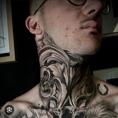 Black And Grey Neck Tattoo Men, Filigree Throat Tattoo, Black And Grey Neck Tattoo, Mens Throat Tattoo Designs, Neck Tattoos Men Throat, Greek Neck Tattoo, Ornamental Tattoo Neck, Filigree Neck Tattoo, Full Throat Tattoo Men