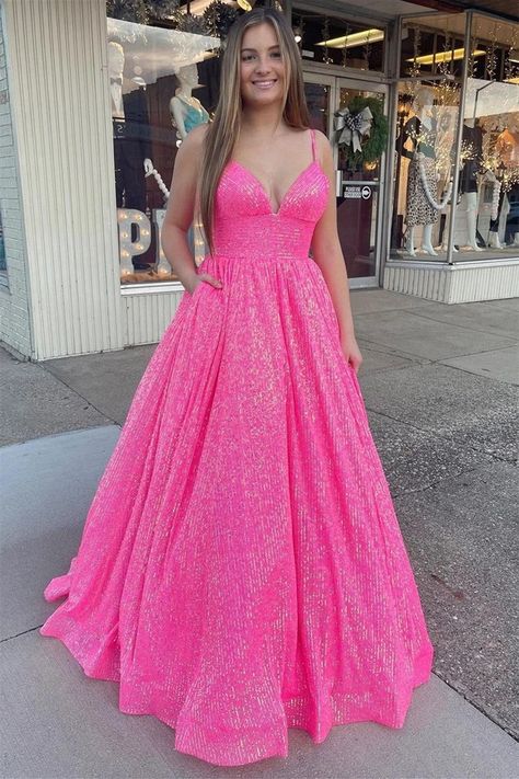 Miabel Hot Pink Sweetheart Sequins Spaghetti Strap Ball Gown Evening Dress With Backless Hot Pink Prom Dresses, Lulu Fits, Backless Ball Gown, Hot Pink Prom Dress, Prom 2024, Sequin Formal Dress, Custom Prom Dress, Prom Dresses With Pockets, Spaghetti Strap Prom Dress