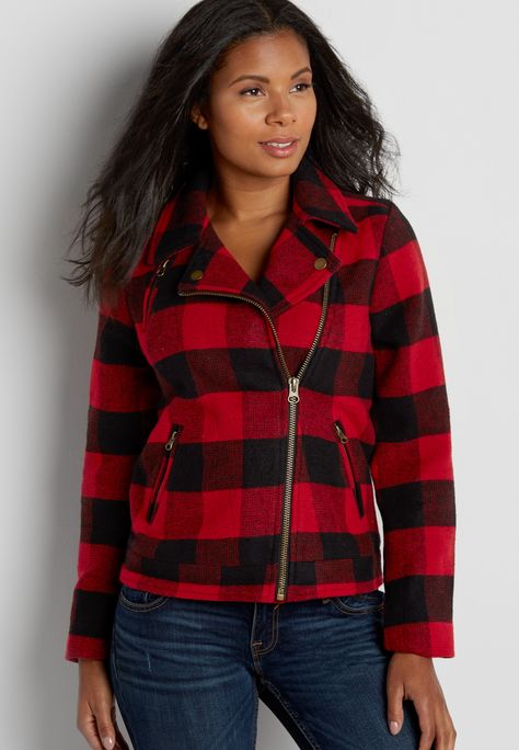 buffalo plaid moto jacket Buffalo Plaid Outfit, Buffalo Plaid Jacket, Top Online Shopping Sites, Promise Me, Red Buffalo Plaid, Cozy Jacket, Knitted Hood, Plaid Jacket, City Chic