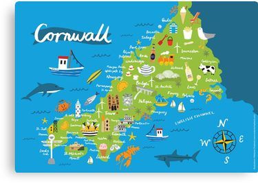 Cornwall Map Canvas Print Cornwall Map, Quirky Illustration, Map Canvas, Detailed Map, Map Art Print, Illustrated Map, Greeting Card Design, Custom Artwork, Map Art