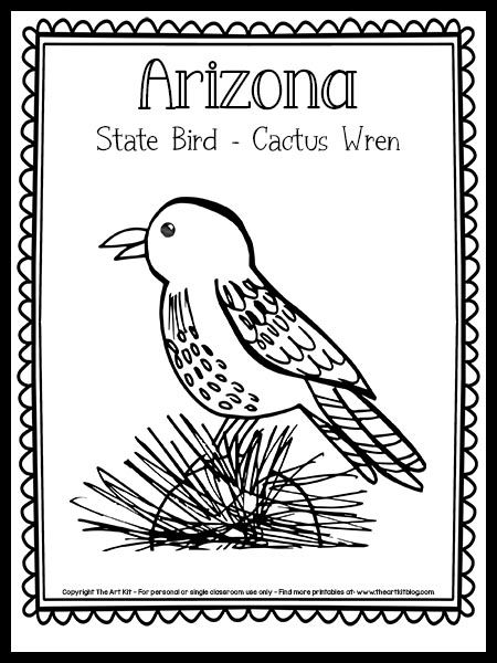 Arizona State Bird Coloring Page [Cactus Wren!] {FREE Printable!} - The Art Kit Bird Coloring Page, Page Az, Cactus Wren, Bird Coloring, Page Arizona, The 50 States, Bird Coloring Pages, Desert Life, Dog Coloring Page