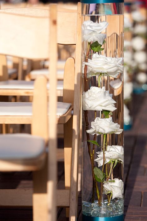 Submerged Long-Stemmed Rose in Vase White Dahlia Bouquet, Rose In Vase, California Beach Wedding, Dahlia Bouquet, Aisle Decor, Deco Floral, Glass Vases, Centre Pieces, Ceremony Decorations