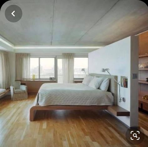 Bed With Walk In Closet Behind, Room Divider Behind Bed, Bedroom Walk In Closet Behind Bed, Bed In The Middle Of The Room Ideas, Walk In Wardrobe Behind Bed, Bed In Middle Of Room, Wardrobe Behind Bed, Open Bedroom, Wardrobe Partition