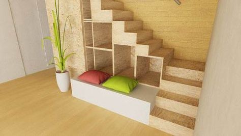 Staircase design with OSB material by Olga Pokorná Bookshelf Walls, Cubby Bookshelf, Bookshelves Ideas, Indoor Stairs, Staircase Ideas, Wall Bookshelves, Compact Living, Furniture Details, Home Design Decor