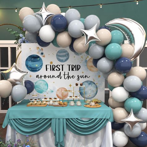 PRICES MAY VARY. 🌠COOL OUTER SPACE BIRTHDAY DECORATIONS - The mysterious universe is fascinating. This backdrop banner is themed around outer space and solar system. The whole is in a watercolor style, and the background is designed with planets, spaceships, meteors, etc. Add star and moon balloon. Perfect for one-year-old baby boy's birthday decoration and exposing him to the beautiful universe. Birthday photography photo props meet your various photo needs, like bar decoration, highchair, and Sun Birthday Decorations, Moon Balloon, B Day Cake, Space Solar System, Sun Birthday, First Trip Around The Sun, Cake Smash Photography, Stars Moon, B Day