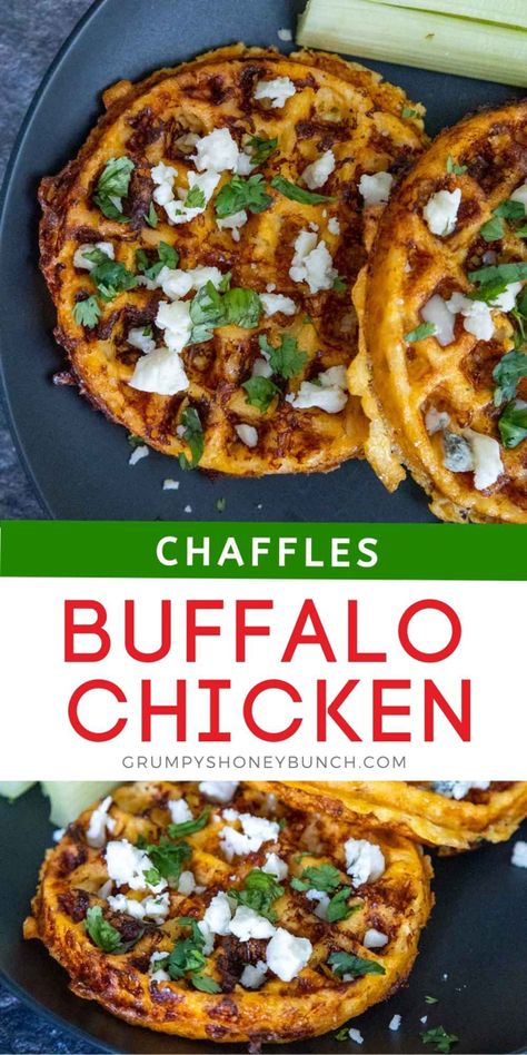 Two chaffles on a black plate topped with crumbled blue cheese and chopped cilantro Canned Chicken Waffle Maker, Recipes For Mini Waffle Maker, Chaffle Recipes Easy Breakfast, Chaffels Recipes, Chicken Chaffles, Chicken Waffles Recipe, Waffle Brunch, Octavia Recipes, Savoury Waffles