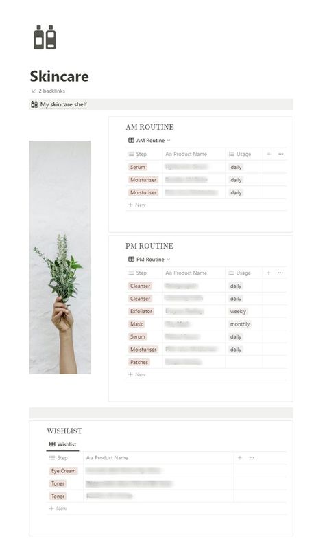This free Notion template acts as a skincare shelf. Keep track of all your skincare - in use and in stock - and set up your own customised routine. Never shop carelessly for new items again by keeping your wishlist organised and updated. Skincare Tracker, Etsy Planner, Meal Planner Template, Tracker Template, Meal Planning Template, Digital Organization, Vie Motivation, Notes Inspiration, Notion Template