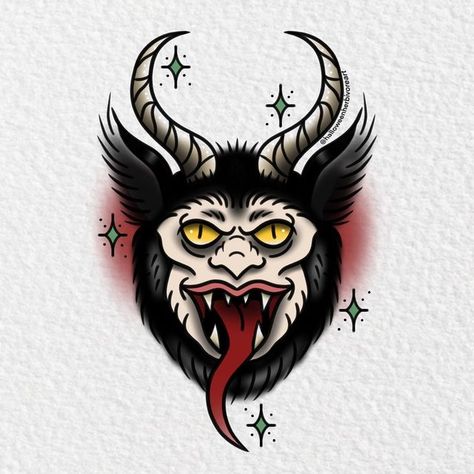 Vincent Maddox on Instagram: "My first take on Krampus! I’ll most likely be doing another one closer to Krampusnacht in December. 😈 This guy is available as tattoo tickets in my shop!" Krampus Drawing, Krampus Tattoo, This Guy, Another One, Traditional Tattoo, Tattoo Ideas, I Shop, Flash, Humanoid Sketch