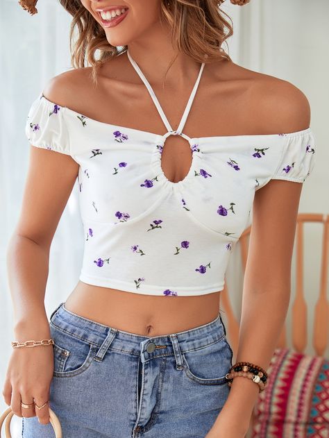 White Casual  Short Sleeve Polyester Ditsy Floral  Embellished High Stretch Summer Women Tops, Blouses & Tee Women T Shirts, Ditsy Floral, White Casual, Women Tops, Crop Tee, Halter Neck, Summer Women, Womens Tees, Casual Shorts