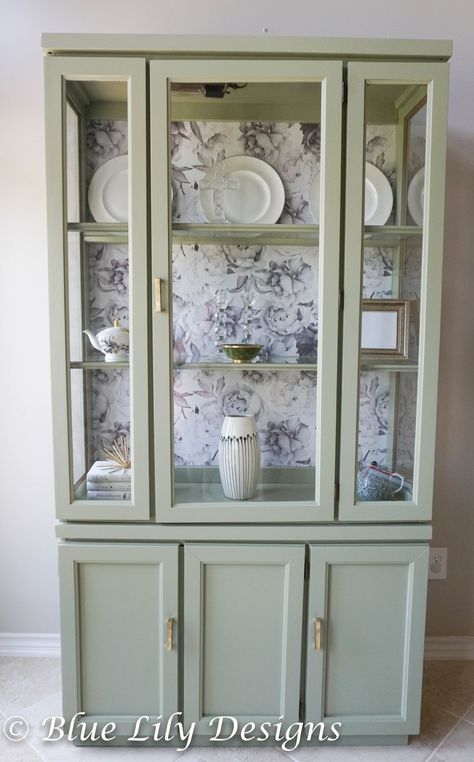 Dinning Room Cabinet, Painted Curio Cabinets, Refinished China Cabinet, Green China Cabinet, China Hutch Makeover, Modern China Cabinet, China Cabinet Redo, Dining Room Banquette, Floral Removable Wallpaper