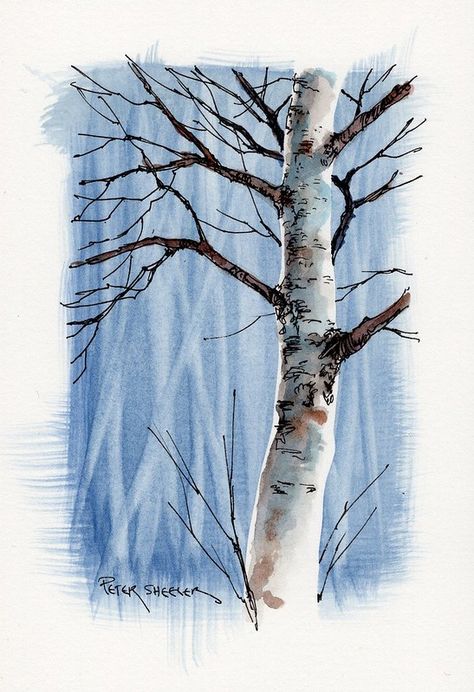 Peter Sheeler, 자작나무 그림, Watercolour Tutorial, Unique Background, Birch Tree Art, Watercolor Architecture, Winter Watercolor, Watercolour Inspiration, Watercolor Projects