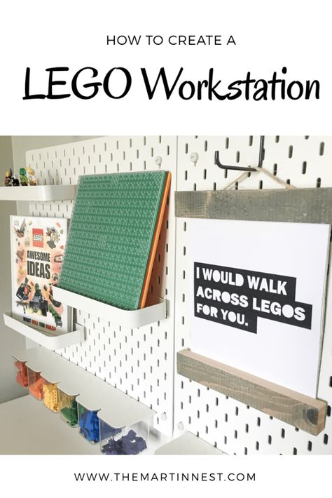 Lego Playroom Ideas, Lego Workstation, Boys Lego Room, Lego Playroom, Lego Area, Lego Shelves, Lego Station, Lego Room Ideas, Lego Desk