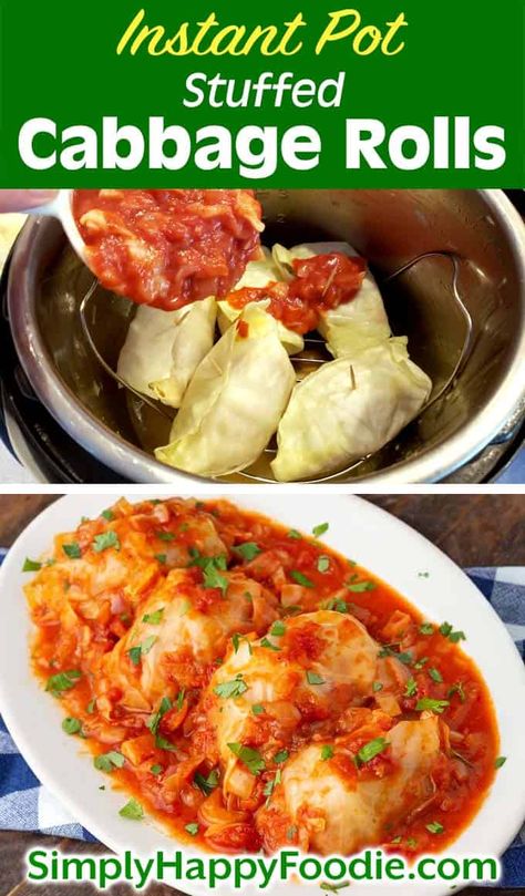 Instant Pot Stuffed Cabbage Rolls are a delicious comfort food. With a great tomato sauce and a delicious meat filling, pressure cooker stuffed cabbage rolls make the best dinner! simplyhappyfoodie.com #cabbagerolls #instantpot #pressurecooker Pressure Cooker Cabbage, Stuffed Cabbage Rolls, Cabbage Rolls Recipe, Best Dinner, Stuffed Cabbage, Cooked Cabbage, Instant Pot Dinner Recipes, Easy Instant Pot Recipes, Cabbage Rolls