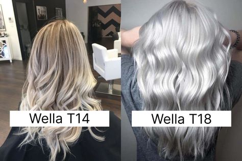 T14 Toner Before And After, Silver Hair Color Formula, Wella Hair Toner, Silver Hair Toner, Wella T14, T18 Toner, Toning Bleached Hair, White Hair Toner, Toner For Blonde Hair