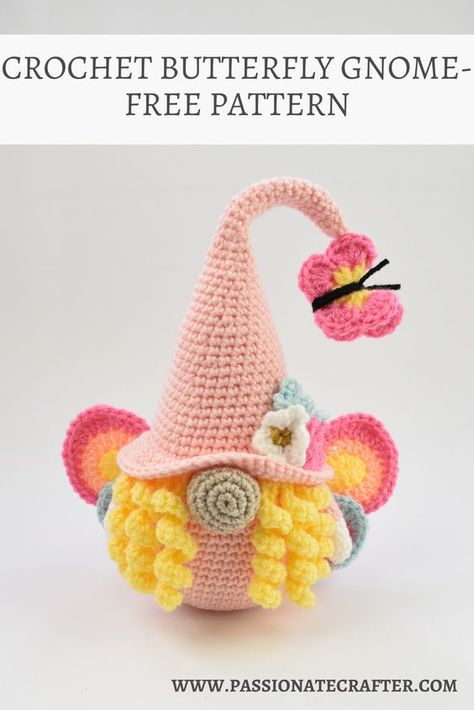 Easy crochet spring Butterfly gnome. Free crochet pattern with step-by-step photo tutorial to help you through. Crochet this adorable spring gnome and add some whimsical touch to your home. Whimsical gnome. Spring gnome. Crochet gnome pattern. Crochet gnomes. #crochetgnome #springgnome #homedecor Crochet Christmas Gnomes Free Pattern Easy, Crochet Spring Gnome, Easy Crochet Knomes, Summer Crochet Patterns Free Amigurumi, Gnomes Crochet Pattern Free, Amigurumi Gnomes Free Pattern, Arugami Crochet Pattern Free, Crochet Gnomes Free Pattern Easy, Crochet Rooster Pattern