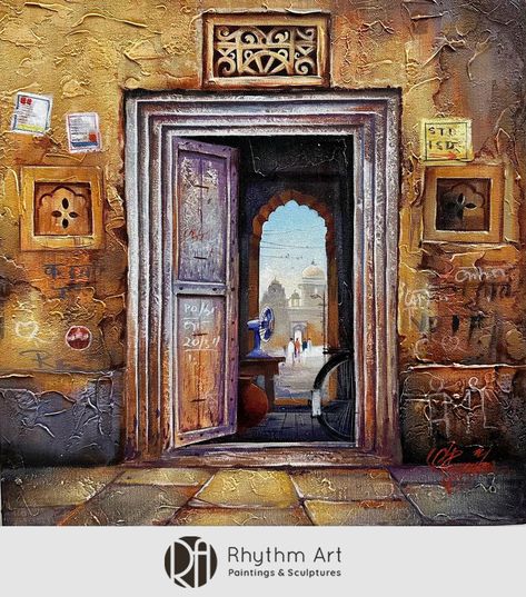 This traditional painting admiring beautiful old things depicts the rural setting of the entrance to a home. The artwork is painted with great details of traditional items in it. This painting with a detailed door and wall with the street on the other end provides realism to the artwork. The artwork is sure to grab all the attention and give a nice traditional touch to those walls. Message us for more information! WhatsApp: +91 9819187697 - Bhavya Gala Email: bhavya@rhythmartgallery.com Rhythm Art, Door Painting, Indian Doors, Traditional Paintings, Painted Doors, Realism, Entrance, Art Gallery, Old Things