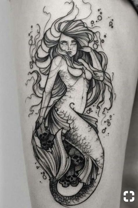 Mermaid tattoo #mermaid #mermaidtattoo #blackandwhite #underthesea #sea Black And Grey Mermaid Tattoo, Mermaid Octopus Tattoo, Mermaid Tattoo Designs Sketches, Mermaid Tattoo Drawing, Siren Tattoo Dark Mermaid, Siren Drawing Sketches, Evil Mermaid Tattoo, Realistic Mermaid Drawing, Mermaid Sleeve Tattoos