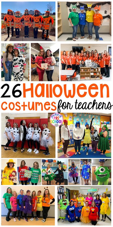 26 adorable and easy Halloween costumes for teachers. #preschool #prek #kindergarten #teachercostume #Halloweenteachercostumes Teacher Halloween Costumes Group, Halloween Costumes For Teachers, Costumes For Teachers, Team Halloween Costumes, Buffet Halloween, Storybook Character Costumes, School Halloween Costumes, Décoration Table Halloween, Office Halloween Costumes