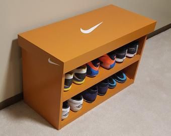 DairylandWoodworking on Etsy Sneakerhead Room, Shoe Box Storage, Hypebeast Room, Nike Shoe, Shoe Bench, Bench With Shoe Storage, Home Office Organization, Wooden Crates, Room Ideas Bedroom