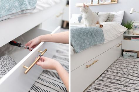 Brimnes Bed, Ikea Bed Hack, Ikea Malm Bed, Murphy Bed Ideas, Cama Ikea, Malm Bed, Ikea Storage Hacks, Murphy Bed Ikea, Small Bedroom Storage