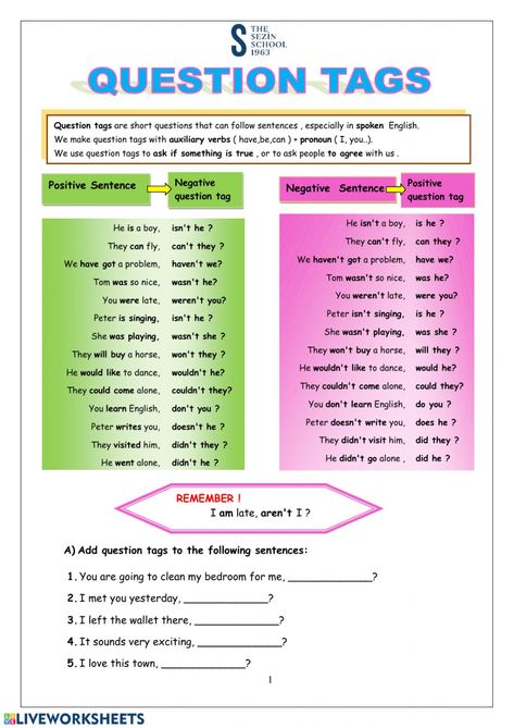 Question tags online worksheet for A2 - B1. You can do the exercises online or download the worksheet as pdf. Question Tags Rules, Question Tags Grammar, Tag Questions Grammar, Tag Questions Worksheets, Question Tags Worksheet, Question Tag, English Conversation Learning, Grammar Questions, English Speaking Skills