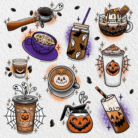 Vincent Maddox | Not all, but most of the Halloween coffee designs I’ve done! 🤎☕️ Each one is available as tattoo tix! . . . #coffeetattoo #coffeetattoos… | Instagram Halloween Tea Cup Tattoo, Halloween Coffee Tattoo, Coffee Lover Tattoo, Mug Tattoo, Fall Tattoos, Coffee Cup Tattoo, Coffee Cup Drawing, Coffee Designs, Spooky Coffee