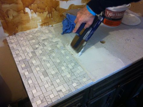 Diy Vanity Top, Tile Vanity Top, Tiled Countertop Bathroom, Painting Tile Countertops, Tiling Bathroom, Tile Vanity, Bathroom Vanity Countertop, Mastered It, Custom Bathroom Vanity