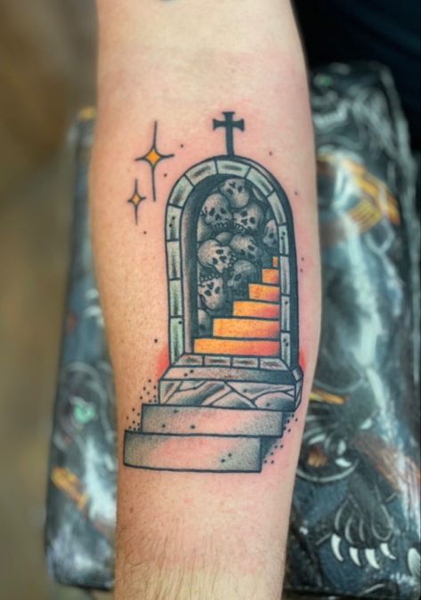 Done by @Bakerbakerbakerr at East Main Ink in Bozeman Montana #tattoo #tattooideas #traditionaltattoo #spooky #traditionalart Staircase Tattoo, Fake Skin Tattoo, Fake Skin, Medieval Tattoo, Vintage Tattoo Design, Traditional Staircase, Vintage Tattoo, Body Mods, Flash Tattoo