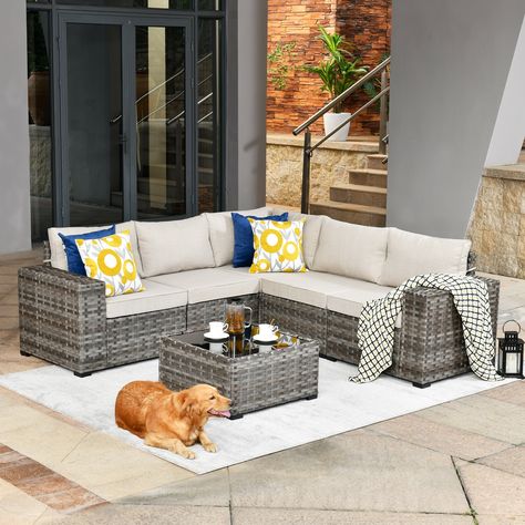 Transform your outdoor space into a luxurious retreat with our elegant 6-piece Outdoor Wicker Sofa Set. Outdoor Sectional Couch, Wide Sofa, Wicker Sofa Outdoor, Conversation Sofa, Wicker Sectional, Garden Deck, Outdoor Wicker Furniture, Outdoor Furniture Decor, Outdoor Couch