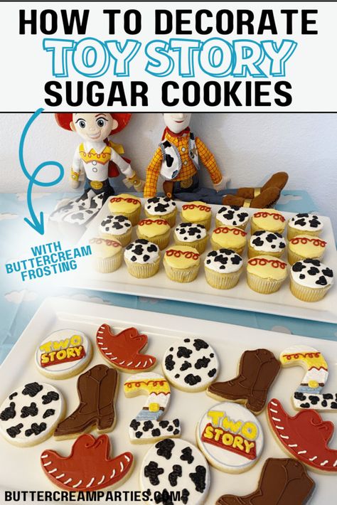 Learn how to bake and decorate these super cute Toy Story cookies for your DIY Toy Story birthday party celebration. Simple Toy Story Cookies, 21st Birthday Party Food, Bday Food, Toy Story Cookies, Buttercream Cookies, Toy Story Baby, Hat Cookies, Toy Story Cakes, Kids Themed Birthday Parties