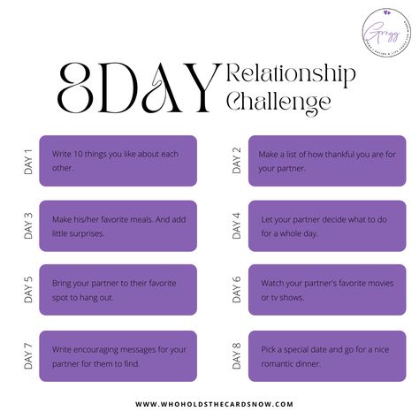 There are many ways to spice up your relationship and this challenge is one of them!⁣ ⁣ Here is an 8-days challenge that you can try with your partner to reignite the flames to your relationship once more!⁣ ⁣ #relationship #relationshipquotes #relationshipadvice #relationshipmanagement #relationshipstuff #relationshiptips ⁣ Romantic Questions For Couples, Relationship Exercises, Rekindle Relationship, Relationship Worksheets, Spice Up Your Relationship, I Love You Means, Romantic Questions, Marriage Therapy, Creative Dates