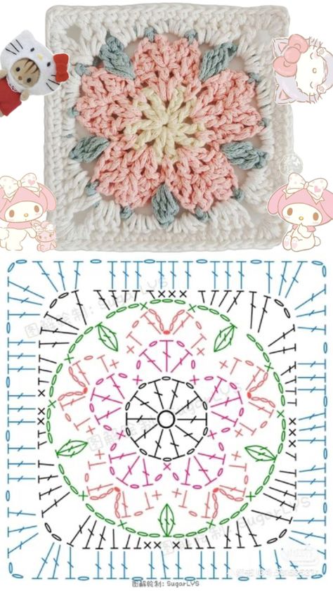 Crochet Flower Granny Square, Crochet Stitches Chart, Flower Granny Square, Granny Square Crochet Patterns Free, Crochet Tutorial Pattern, Crochet Stitches Diagram, Crochet Stitches Guide, Pola Amigurumi, Crochet Motif Patterns