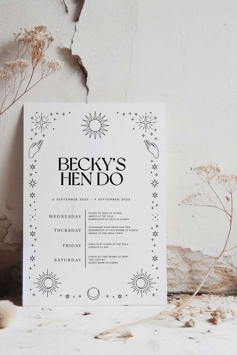 Hen Party Invitations, Boho Hen Party, Boho Invite, Itinerary Invitation, Party Itinerary, Shape Chart, Hens Party Invitations, Boho Invitations, Bridesmaid Proposal Cards