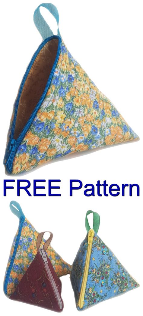 Here's a quick and simple FREE pattern for you to work on, to make this pyramid style triangular zip pouch. These little-zipper pouches are easy to make and as an added bonus they come in 3 different sizes. Once you have made one, it is easy to change the size and make the next one. The small one is ideal for a coin purse in your handbag or to keep in the car, while the larger ones could easily be used to keep many different types of sewing accessories such as wonder clips, safety pins, etc. Zipper Bags To Sew, Sewing With Scraps, Coloring Pens, Purse Patterns Free, Coin Purse Pattern, Bag Sewing Patterns, Trendy Sewing Patterns, Crochet Purse Pattern Free, Pouch Sewing