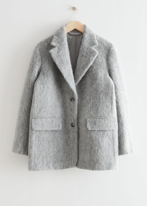 Oversized fuzzy wool blazer in a straight silhouette finished with duo button closures.RECYCLED WOOLDuo welt pocketsLength of blazer: 78.3cm / 30.8" (EU 36 / UK 10 / US 4) Wool Blazer Outfit Women, Blazer Oversize Outfits, Wool Blazer Outfit, Blazer Outfit Women, Grey Wool Blazer, Outfit Essentials, Feminine Wardrobe, Striped Quilt, Street Dress